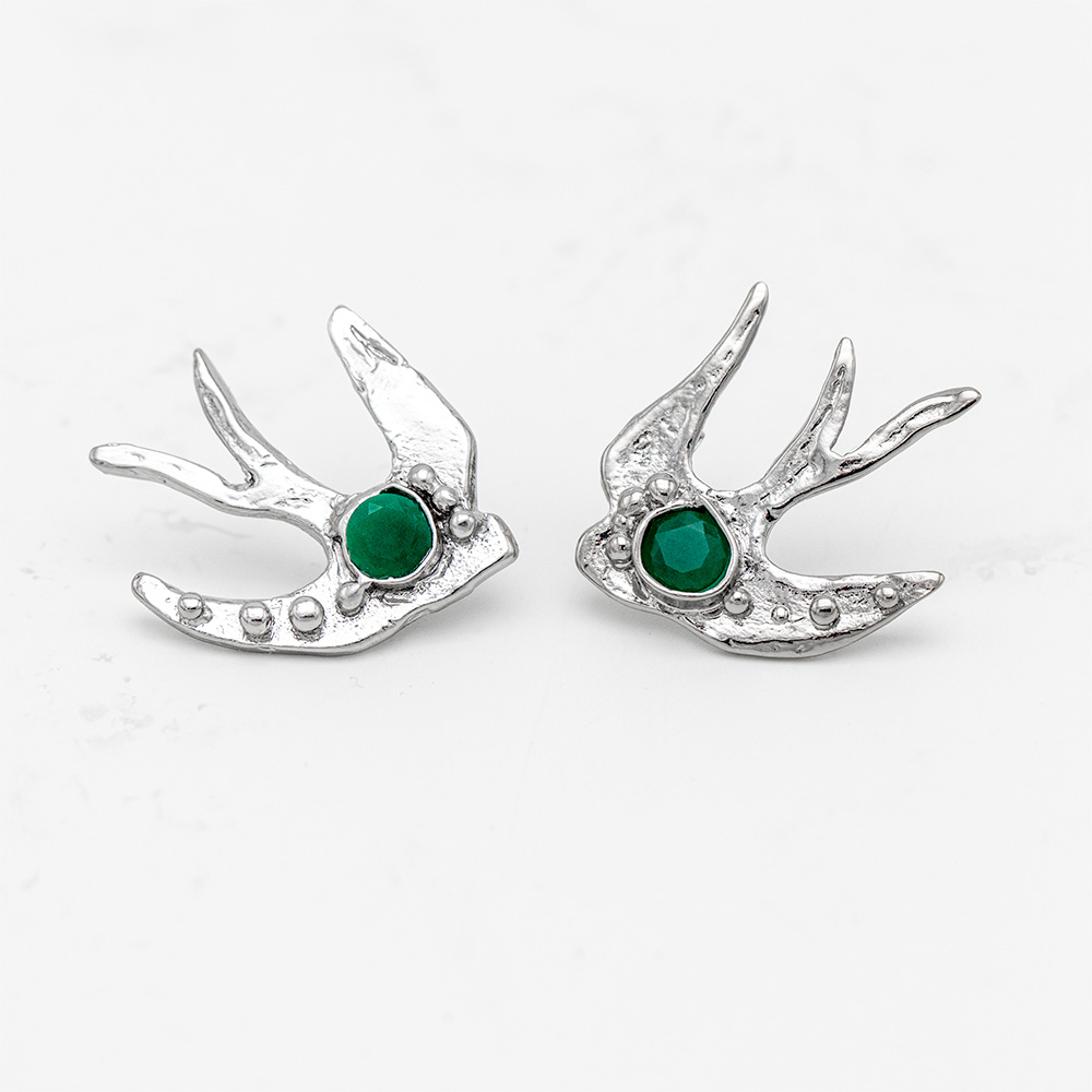 Rhodium Plated Brass Swallow Stud Earrings, Green Crystal Bird Jewelry, Nature Inspired