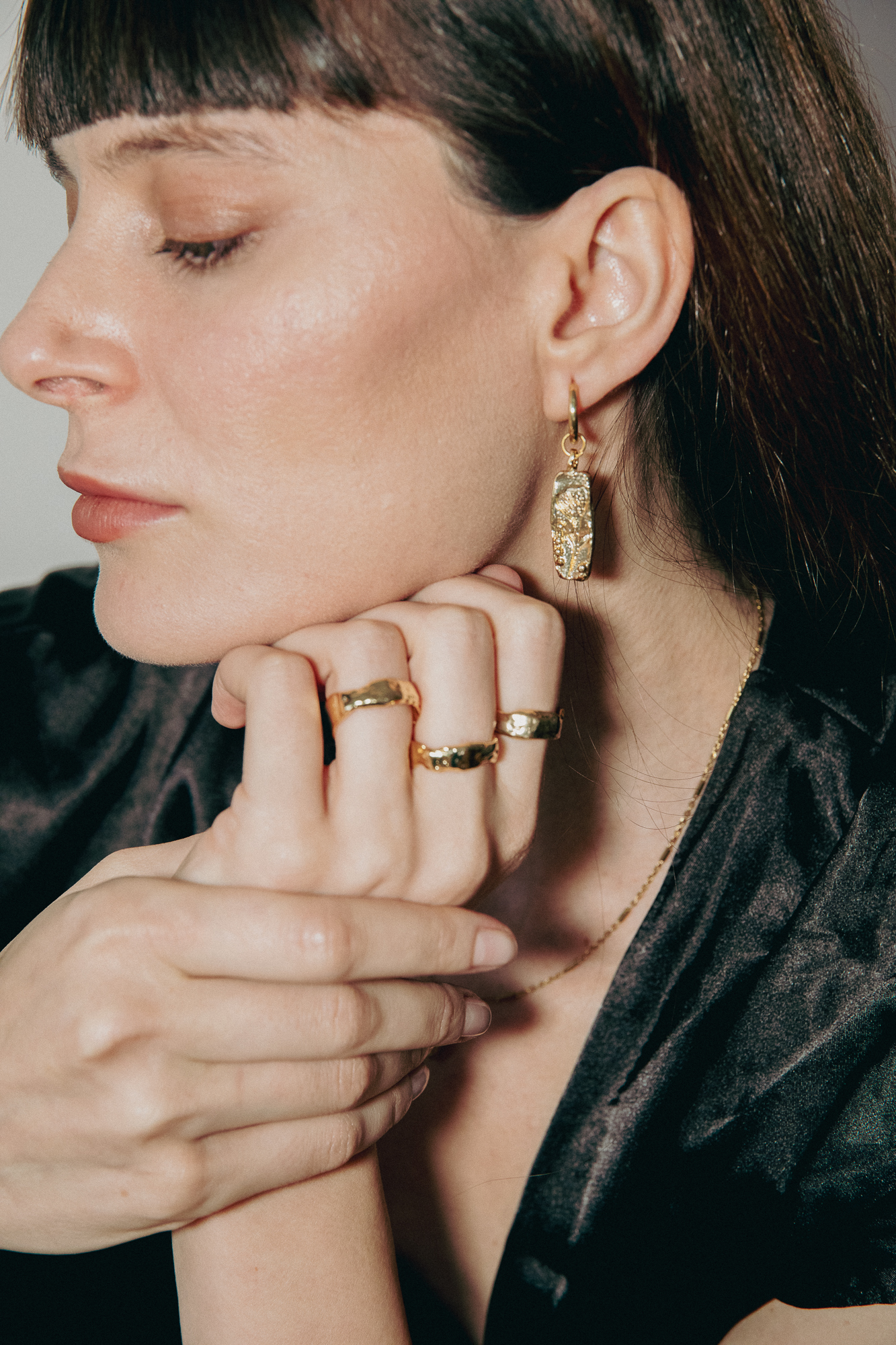 Floral Textured Rectangle Drop Earrings, Gold Plated Brass, Modern Statement Jewelry