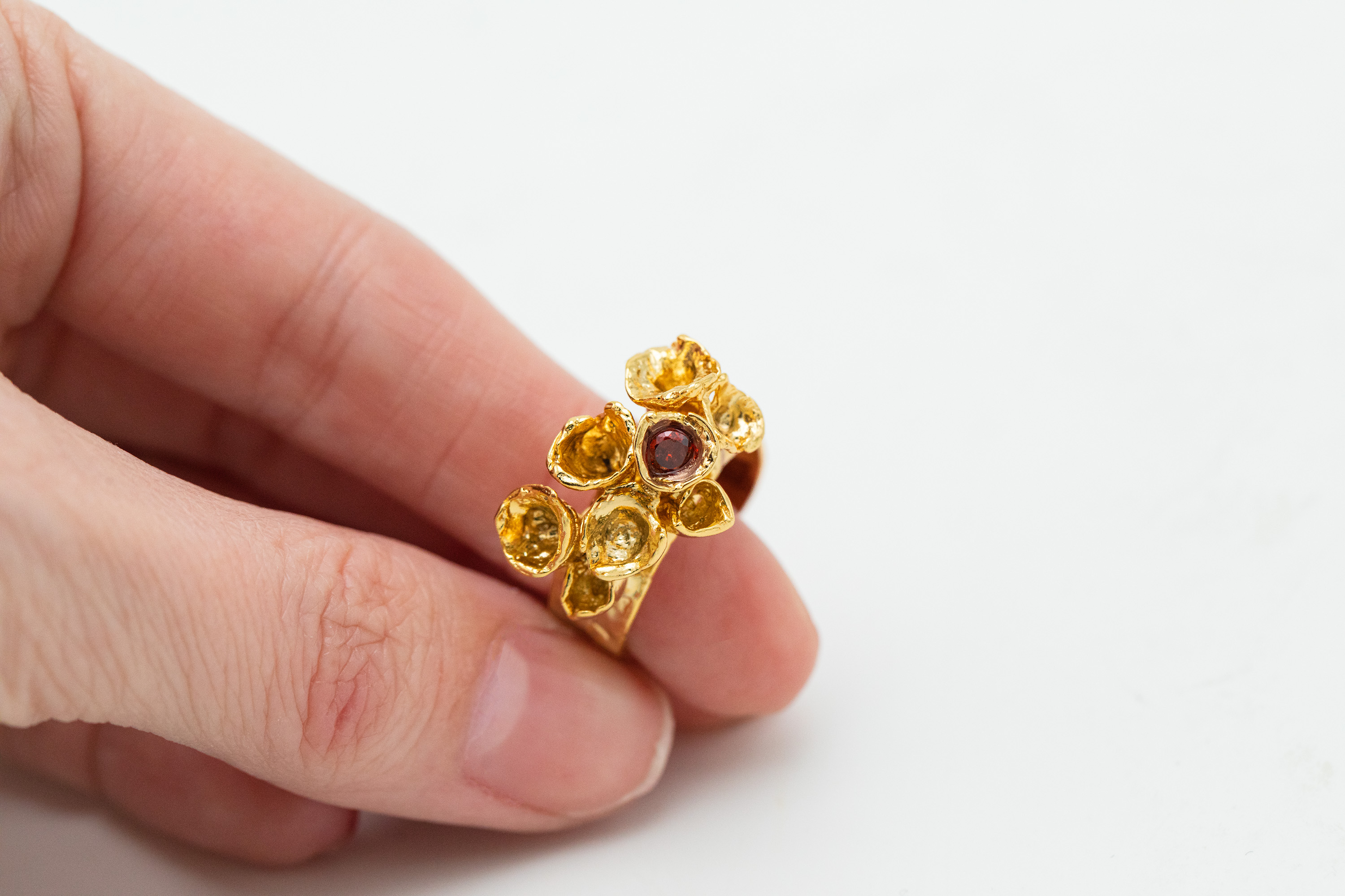 Gold Plated Brass Flower Power Ring, Crystal Center Floral Crown Design, Double Bloom Heirloom Everyday Elegance